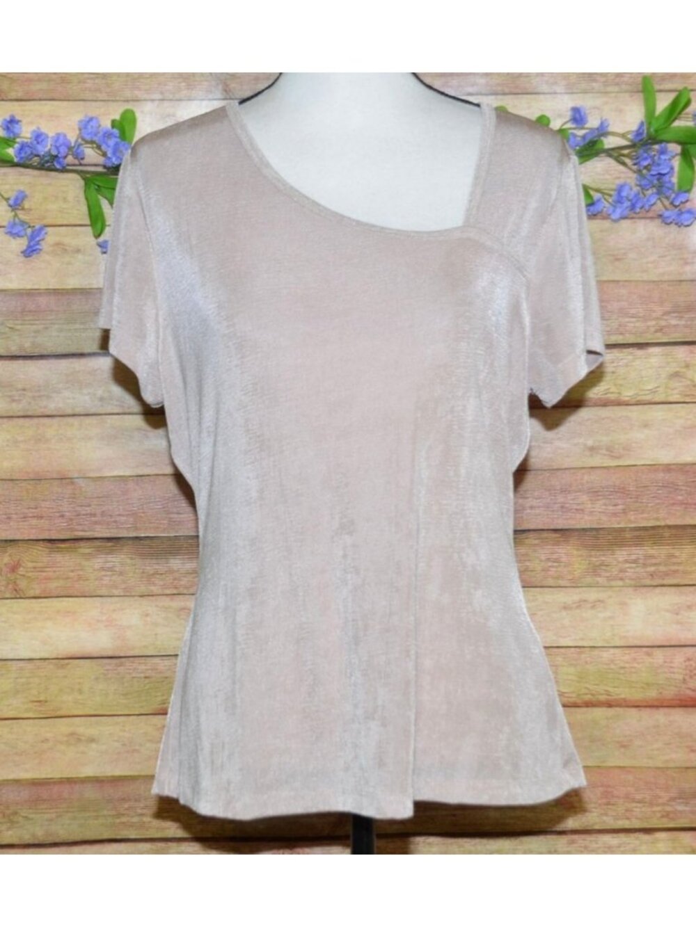 Another Love Ladies Beige Blouse Top Size L Shiny Slinky Neutral Career